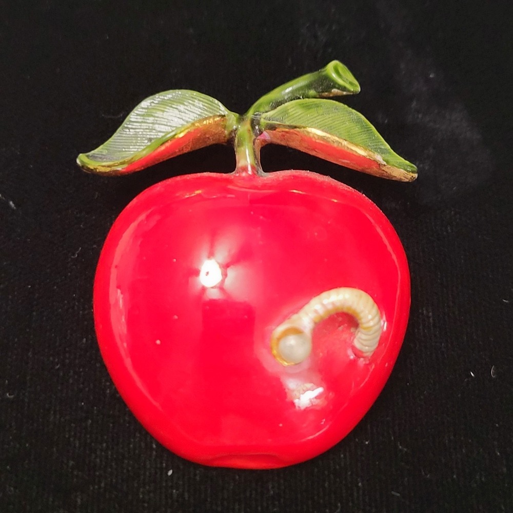 Vintage ORIGINAL BY ROBERT Signed Enamel Red Apple Worm‎ Brooch Teacher School